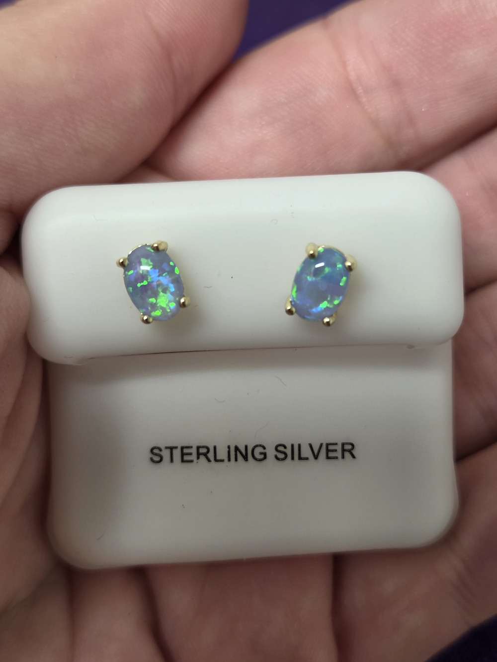 925 Sterling Silver - 14k Gold Vermeil Blue Opal Oval Stud Earrings